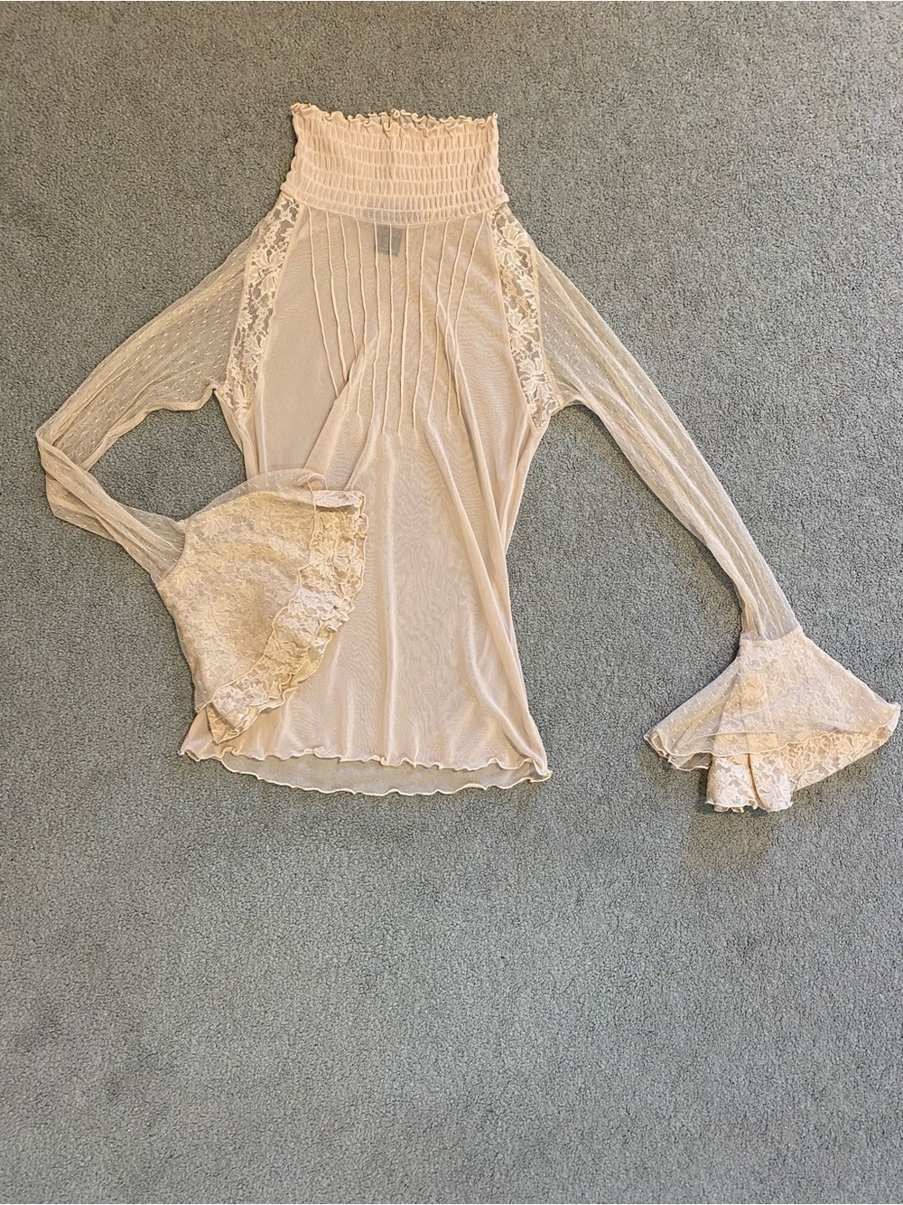 Sheer Lace-Trim Mock Neck Long Sleeve Top in Cream